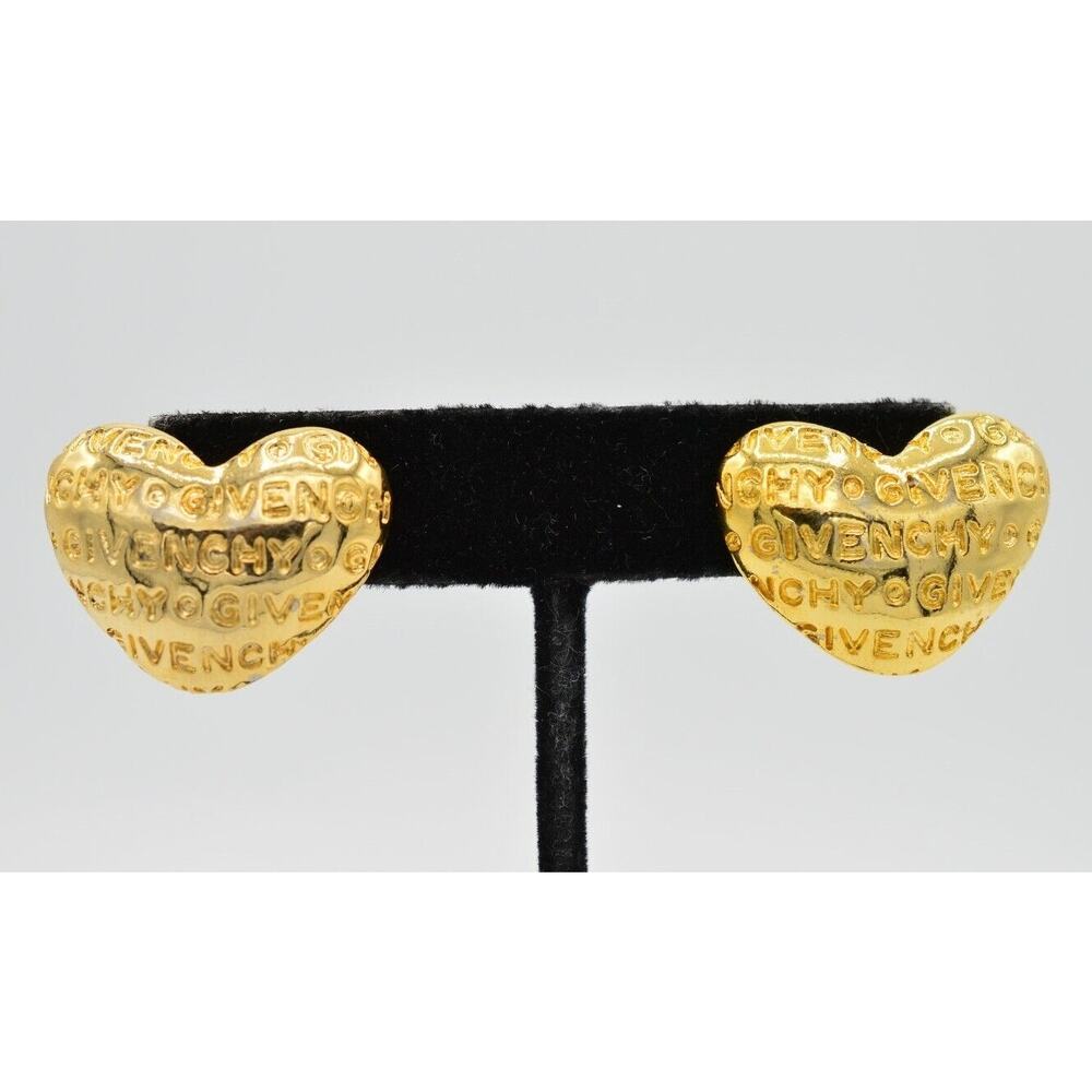 Givenchy Vintage Logo Heart Earrings Gold Post Chunky Letter Signed 80s 1980s 9D